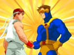 Ryu (de Street Fighter) y Cíclope (de los Xmen) se estrechan la mano.