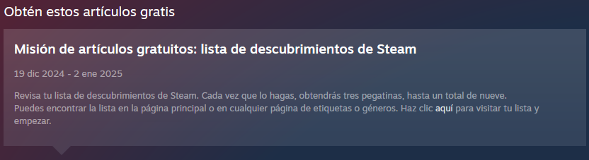 Misión de artículos gratuitos lista de descubrimientos de Steam 2024.png